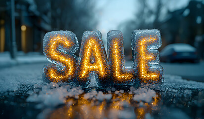 Illuminated Frozen Sale Sign in Winter Street, Seasonal Discounts, Outdoor Shopping Promotion, Frosty Holiday Display, Night Time Marketing, Winter Decor, Cold Weather Sale