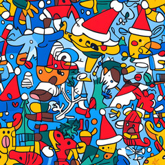 Seamless Pattern Whimsical Christmas and New Year Doodles  Featuring Festive Icons, Cozy Winter Scenes, and Seasonal Decorations in Vibrant Colors