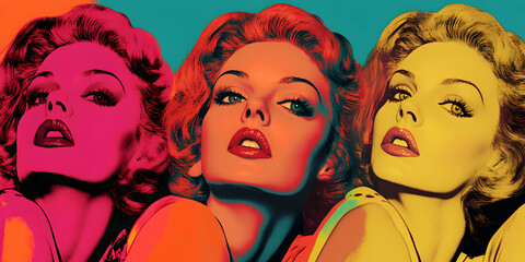 Three Women with Red Lips and Retro Hairstyles in a Vibrant Pop Art Style Illustration