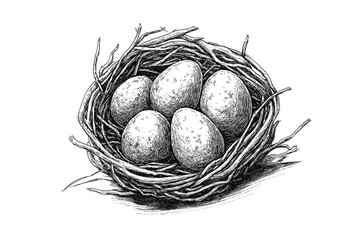 Obraz premium Nest with eggs, sketch. Vintage retro print, hand-drawn illustration nest, eggs, engraving, detailed drawing, eggs nest. Black ink, simple lines, sketch style, line art, graphic design. Illustration