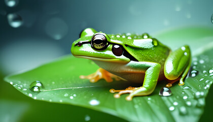 Obraz premium Green Tree Frog on Leaf with Dew Drops - Nature Photography