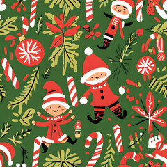 Seamless Pattern Whimsical Christmas and New Year Doodles  Featuring Festive Icons, Cozy Winter Scenes, and Seasonal Decorations in Vibrant Colors