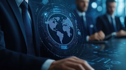 A business professional interacts with digital global data visualization, emphasizing technology and analytics in a corporate setting.