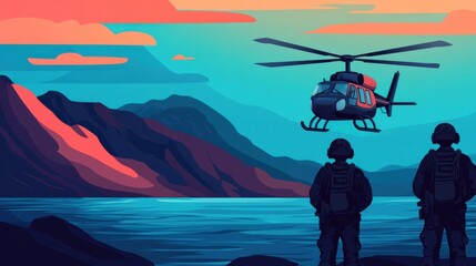 Cartoon Helicopter Rescue Mission in Mountain Landscape