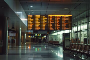 Empty airport terminal with arrival and departure information displayed on a digital board