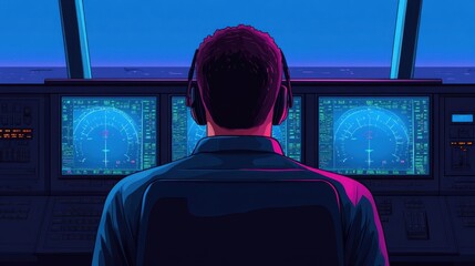 Cartoon Air Traffic Control Officer in Tower