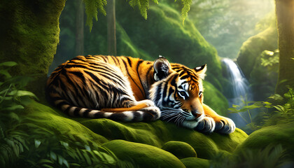 Majestic Tiger Resting in Lush Green Jungle