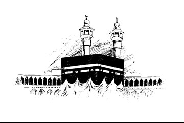 Holy Kaaba in Mecca Saudi Arabia, Hand Drawn Sketch Vector illustration.
