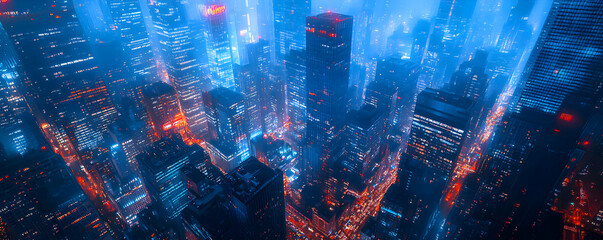 An Aerial View of a City at Night with Tall Buildings and Bright Lights