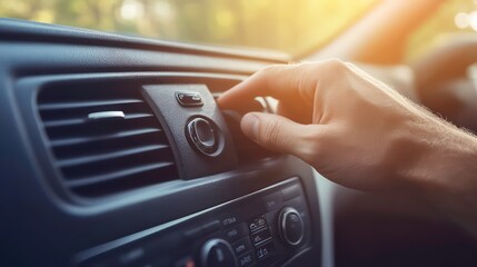 A hand adjusting the air conditioning in a car's dashboard.