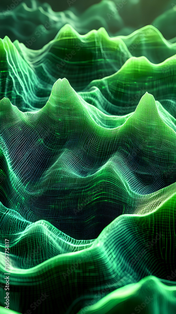 Poster abstract green wireframe landscape with a digital grid pattern