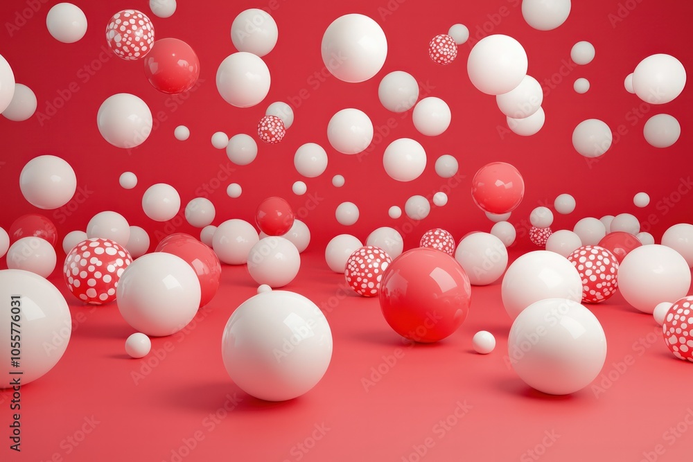 Poster dynamic composition of red and white spheres a playful abstract visual experience