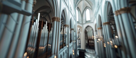 Obraz premium A grand cathedral's interior, with towering arches and organ pipes, exudes a sense of majesty and reverence.