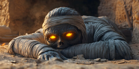 A Mummy with Glowing Eyes Crawls Out of a Cave in the Desert