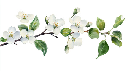 Fototapeta premium Watercolor of a branch with white flowers and green leaves on white background.