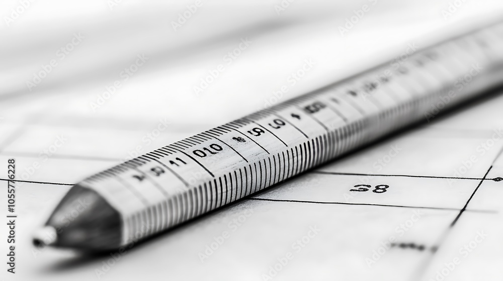Poster a close-up of a metallic ruler lying on a sheet of paper, emphasizing measurement precision.
