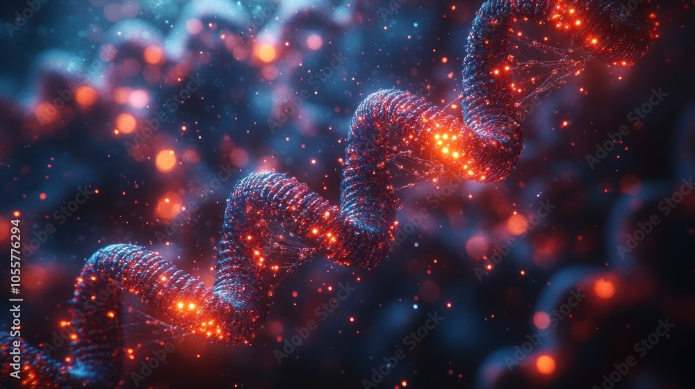Poster abstract representation of dna strands in a colorful digital design.