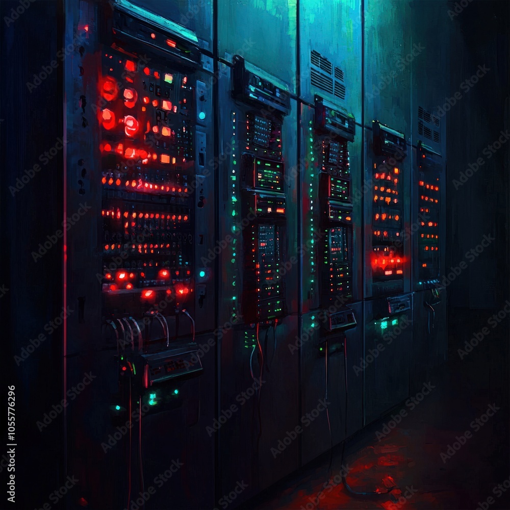 Poster illuminated control panels reflecting advanced technology in a dark environment