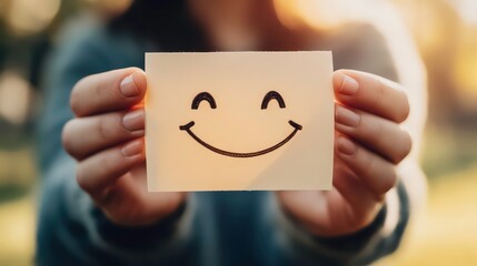 A person holds a smiling face drawn on a sticky note, conveying positivity and happiness.