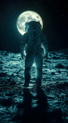 An Astronaut Standing on the Moon's Surface Under the Glowing Light of a Full Moon, a 3D Digital Illustration.