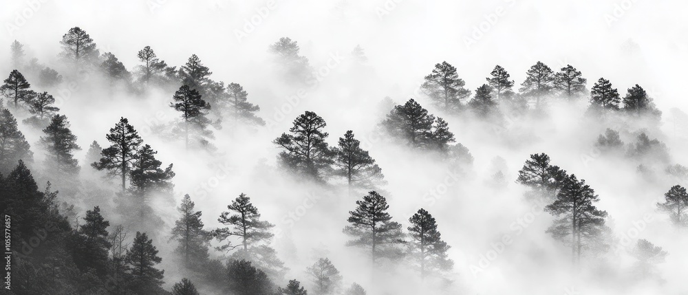 Poster pine trees rise from a blanket of fog in a serene mountain setting, capturing the tranquility of a m