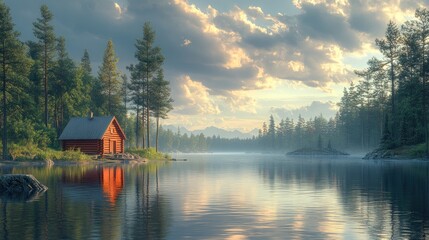 Fototapeta premium Serene lakeside cabin at dawn amidst misty trees and mountains.