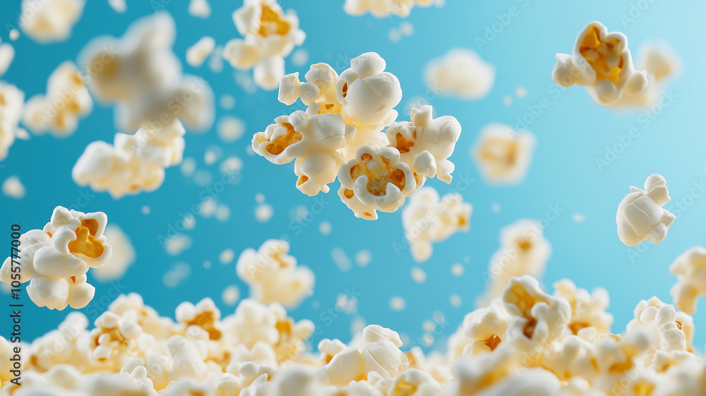 Poster floating popcorn kernels create fun and playful atmosphere in air