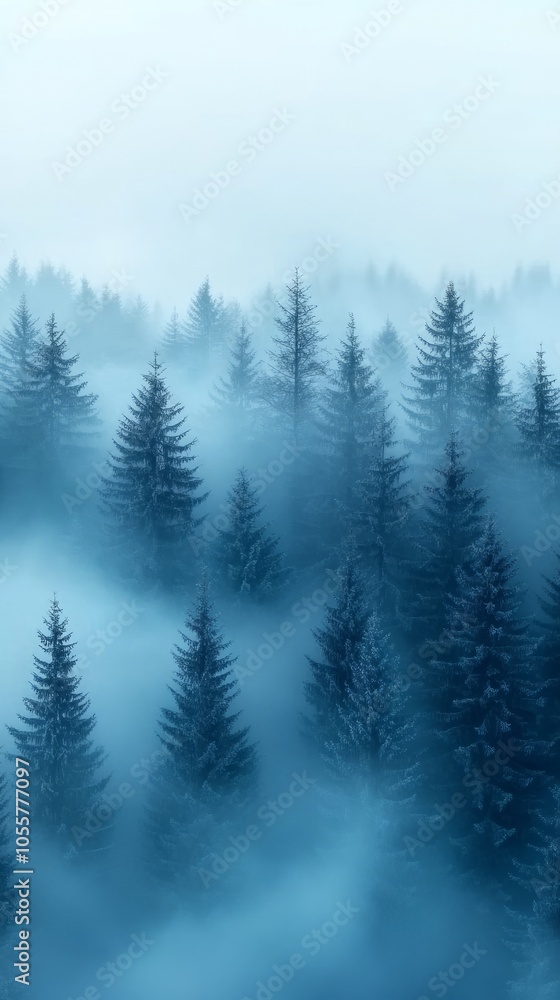 Poster a thick fog blankets a lush coniferous forest, creating an ethereal and tranquil environment during 