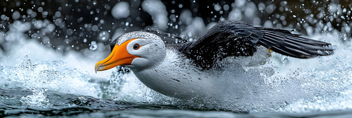 A White-Headed Seabird Soars Through a Spray of Water, Its Orange Beak Pointed Forward as it Takes Flight
