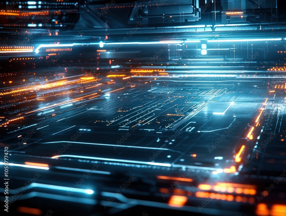 Poster futuristic circuit design with glowing lights in a high-tech environment