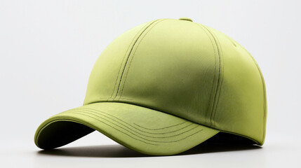 Fototapeta premium A lime green baseball cap with curved visor presented on a neutral background, emphasizing its fabric texture and stitching details.