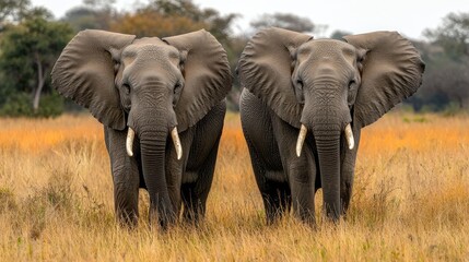 Fototapeta premium Two African Elephants Standing in Tall Grass
