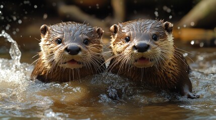 Obraz premium Two playful otters swimming together in a natural setting.