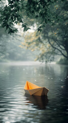 A Simple Paper Boat Floating on a Still Lake in a Foggy Forest