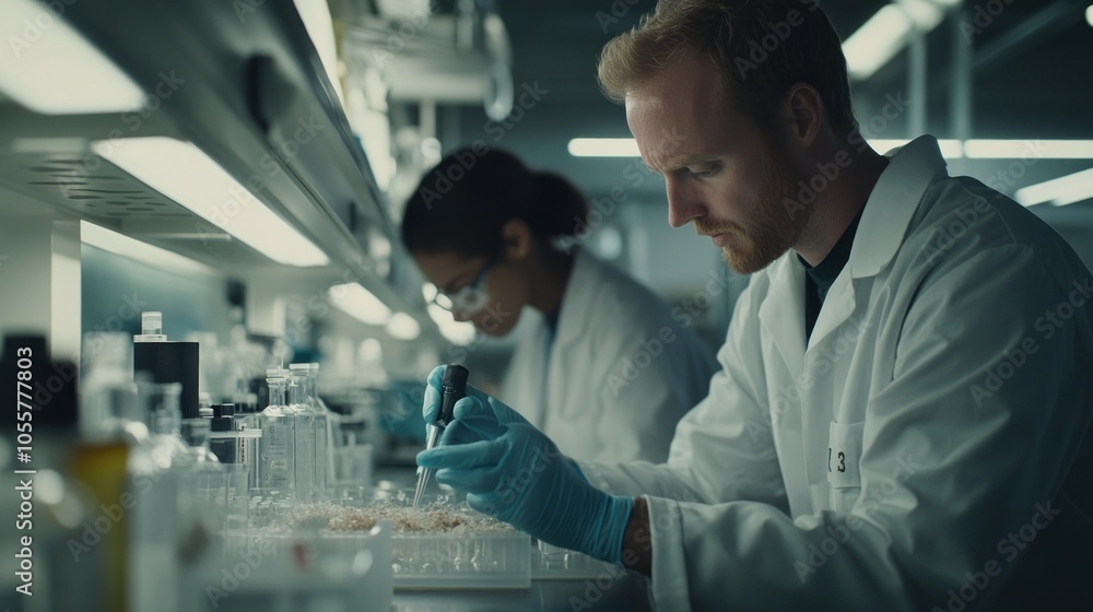 Poster Scientist in Lab Coat Using Pipette to Add Liquid to a Petri Dish
