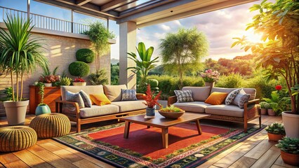 Cozy Home Patio with Lush Greenery and Inviting Decor for Relaxation