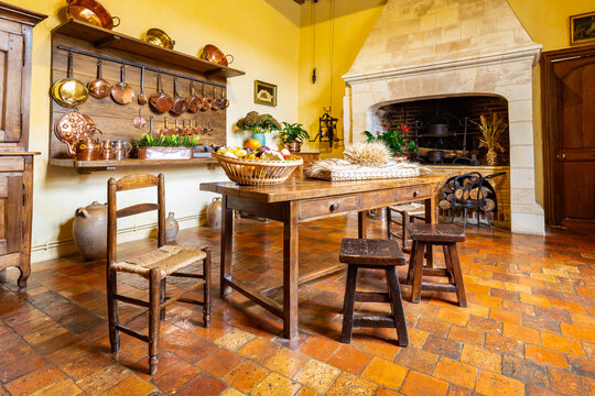 Villandry, France -October 17, 2019: Interior of the kitchen in Chateau de Villandry, Loire Valley. France. One of the most visited castles in France.