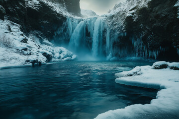 A photograph of a picturesque nature scene: an icy waterfall in Iceland, with snow and ice covering the ground, a blue sky, and the golden hour lighting