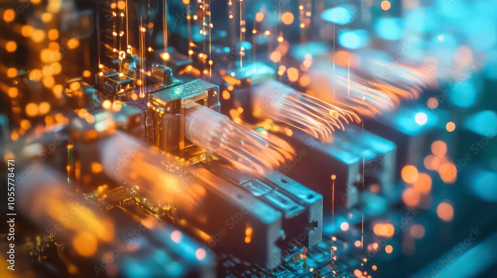 Poster close-up of a circuit board with fiber optic connections and glowing elements.