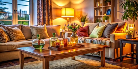 Cozy Living Room with Tilt-Shift Photography and Bottled Decor on Coffee Table for Home Aesthetics