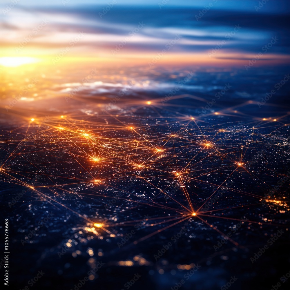 Poster exploring the network of connectivity aerial view of a global communication interface at sunset