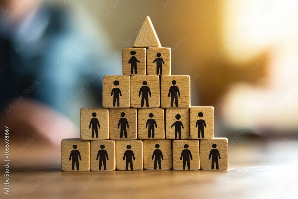 Aufkleber human resource pyramid: wooden blocks stacked in the shape of a pyramid, each block featuring a blac