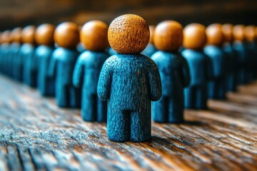 Standing Out: A single blue wooden figure stands out from a line of identical brown figures on a rustic wooden background, symbolizing individuality and leadership.  