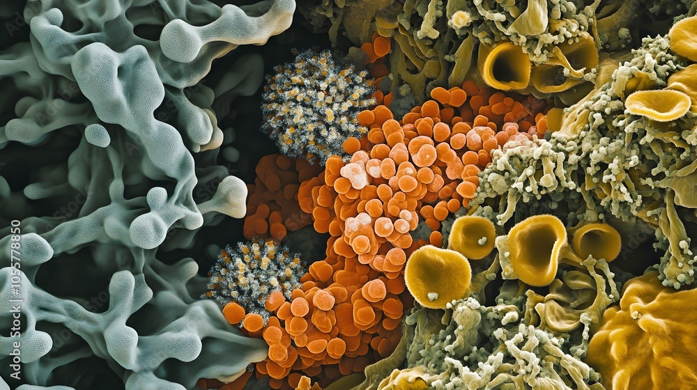 Poster microscope view of respiratory system phlegm cellular and bacterial structures