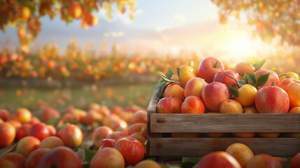 Fresh apples in wooden crate, surrounded by beautiful orchard at sunset