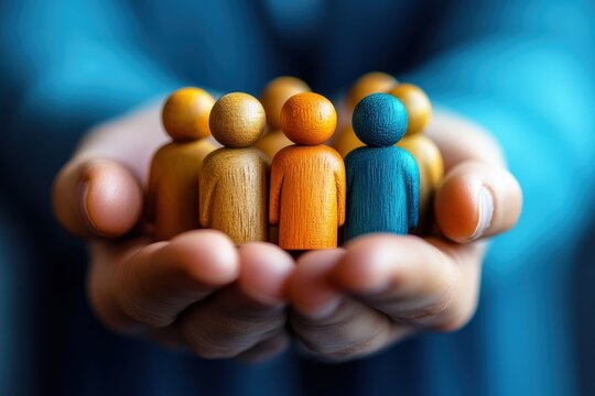 Protecting Our People: Hands carefully cradling diverse wooden figurines, symbolizing care, support, and the value of a diverse team. A powerful image for HR, social responsibility.