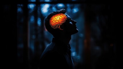 Human silhouette with illuminated brain, symbolizing cognition and mental processes 