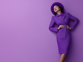Piękna kobieta cała ubrana na fioletowo na purpurowym tle	
 - obrazy, fototapety, plakaty