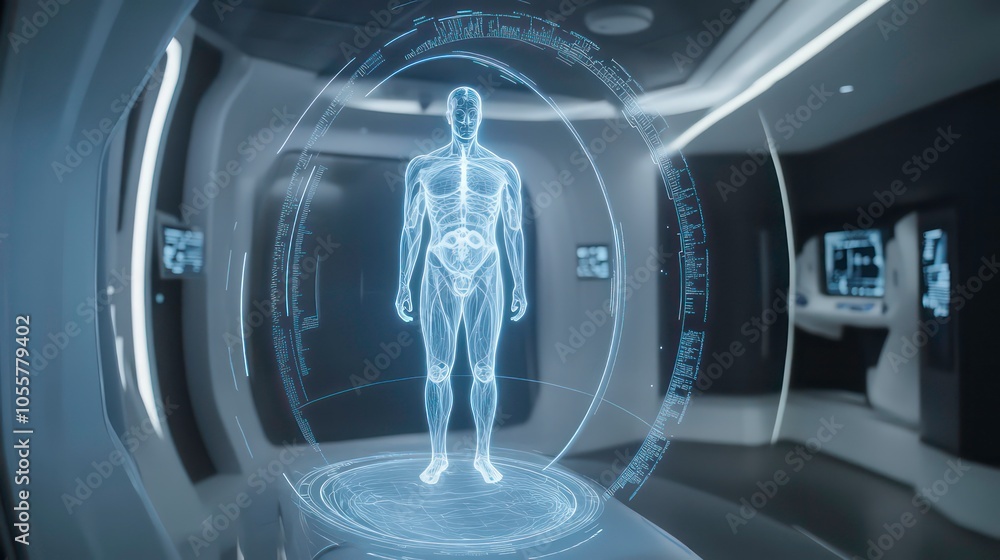 Poster A futuristic holographic display of the human body in a high-tech environment.