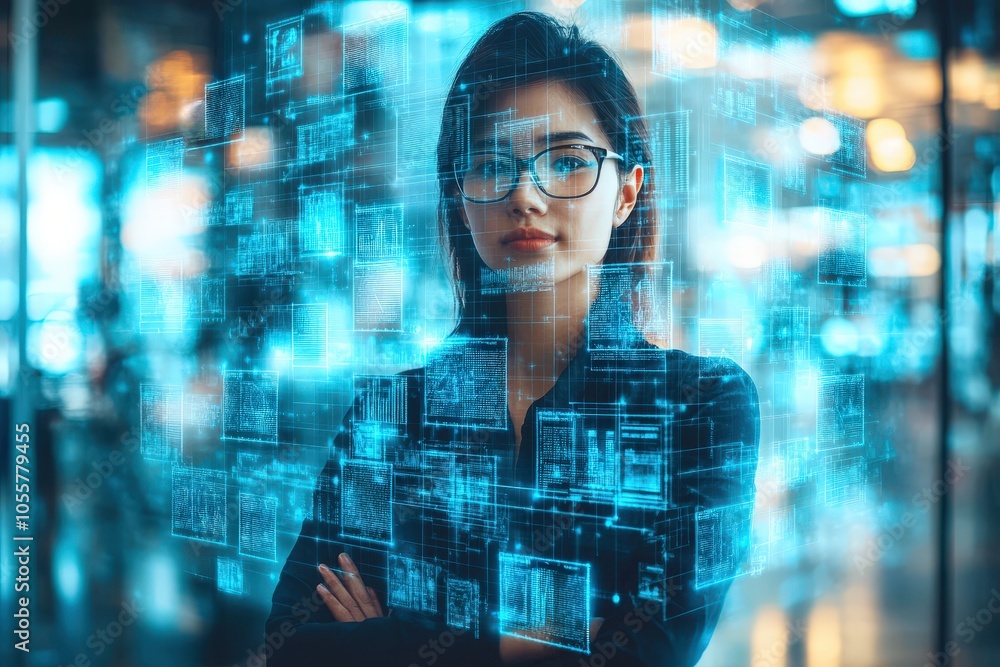 Poster data driven: a confident woman in glasses stands with arms crossed, enveloped in a futuristic data v